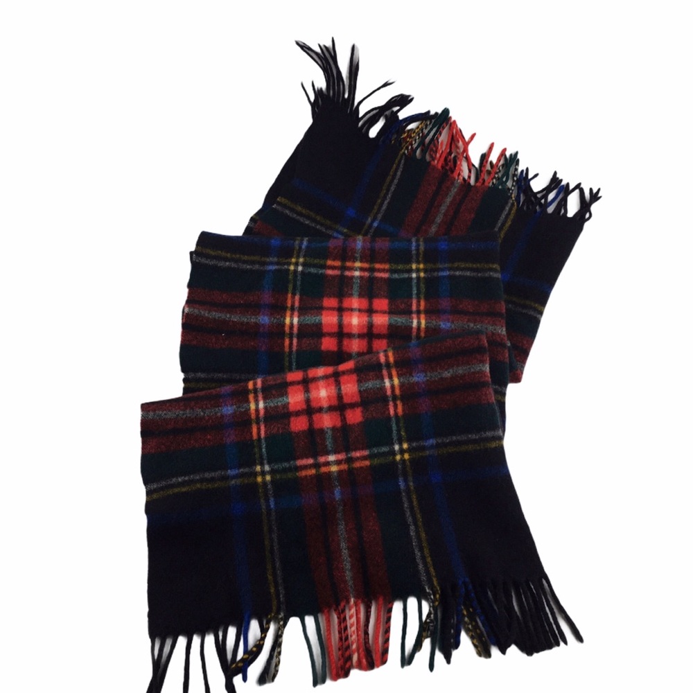 Vintage Scarf Tartan Fringed Faux Wool Red Green